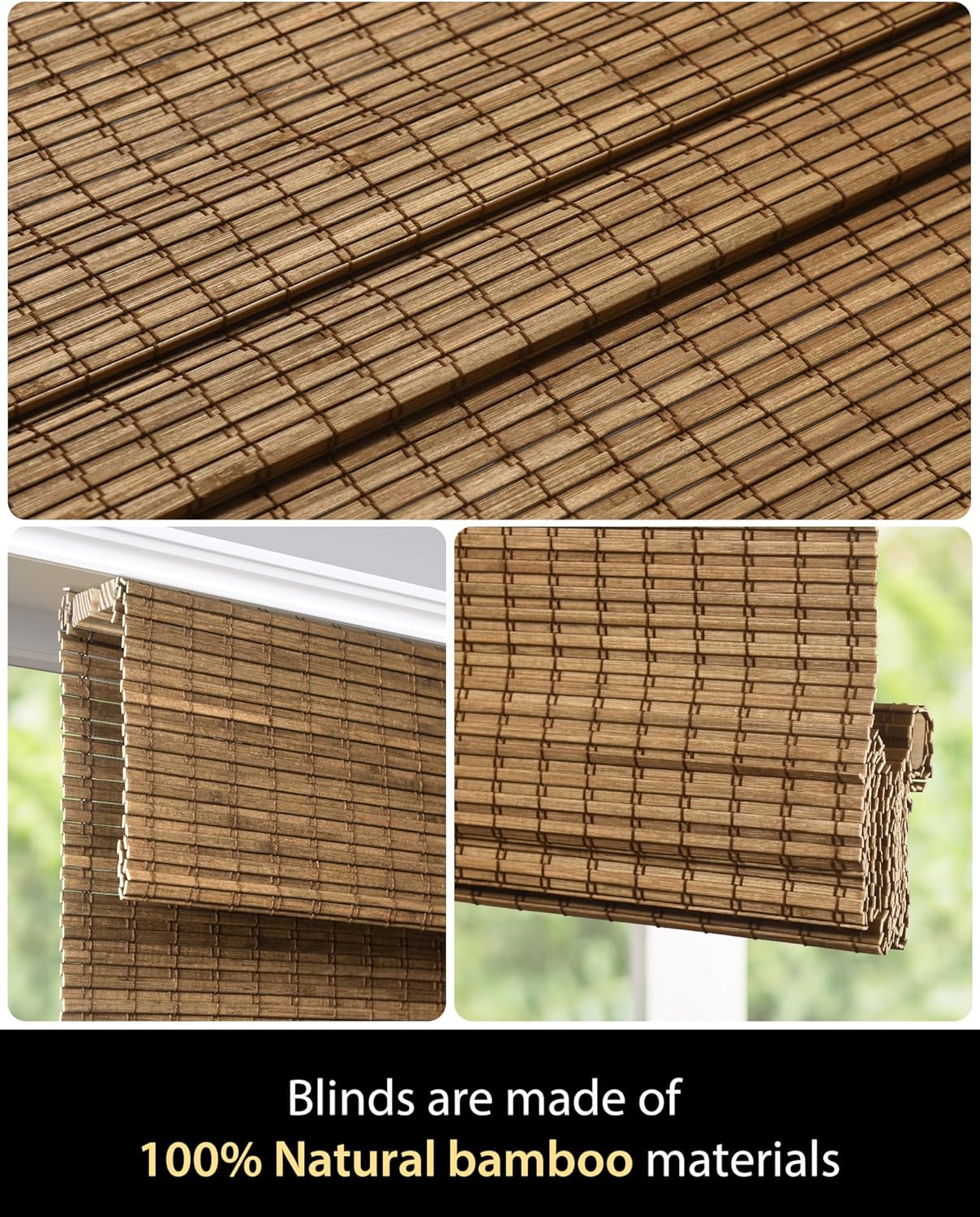 Cordless Bamboo Roman Shades for Windows, Blinds Size (20 W ×64 H) Colour (Highfield Teak)